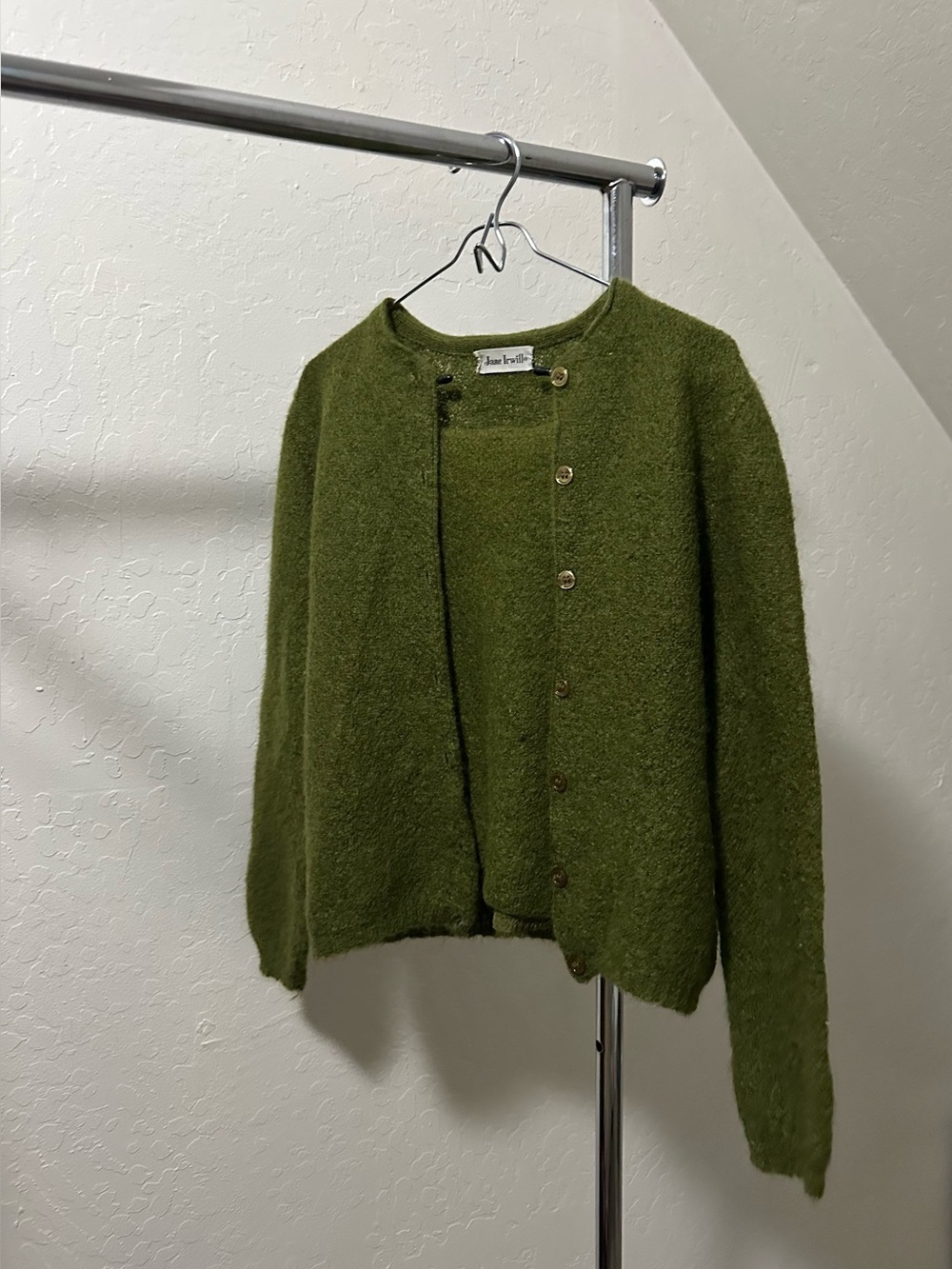 Vintage Olive Button-Front Crewneck Cardigan Set